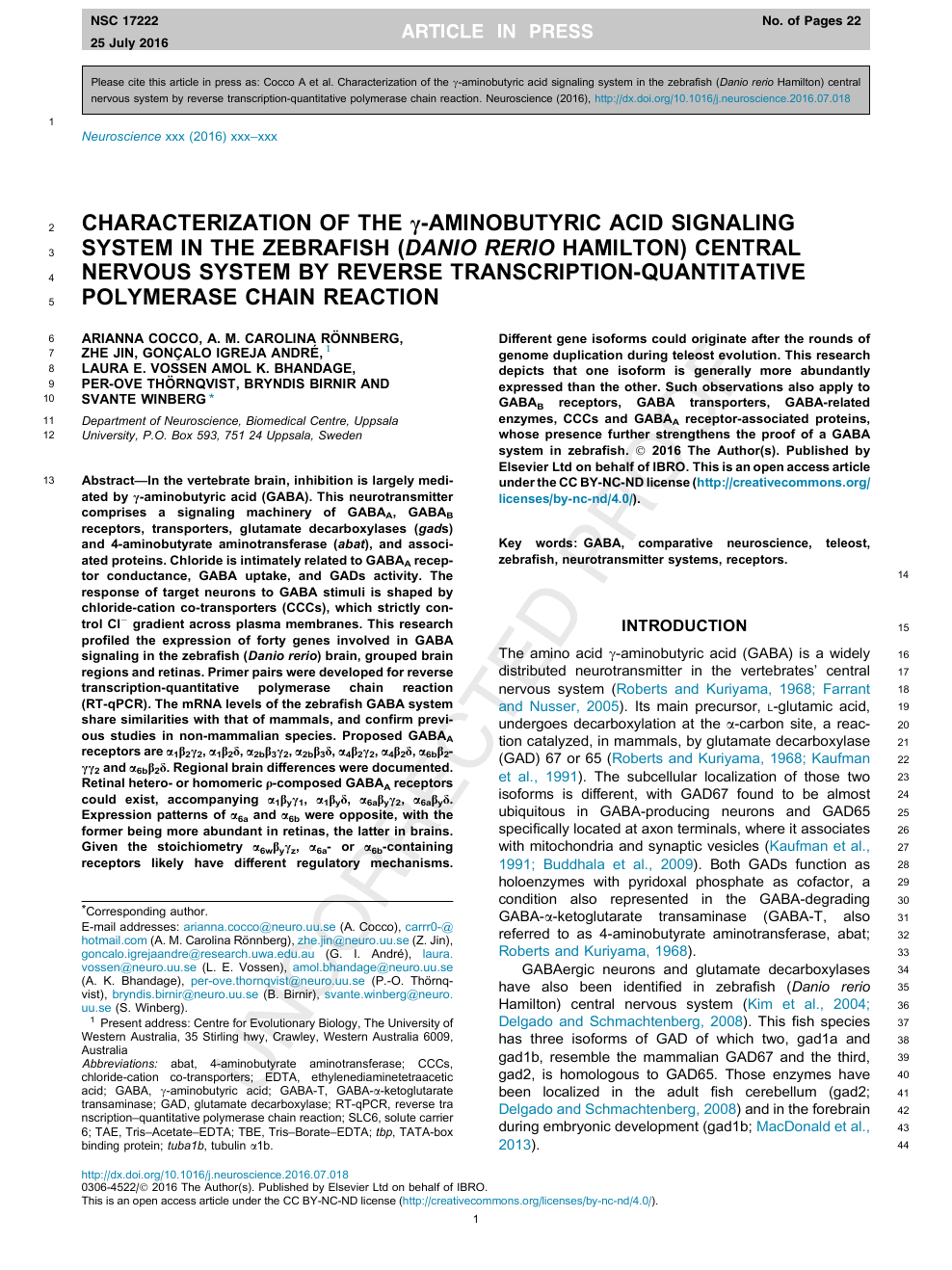 Characterization Of The G Aminobutyric Acid Signaling System In The Zebrafish Danio Rerio Hamilton Central Nervous System By Reverse Transcription Quantitative Polymerase Chain Reaction Topic Of Research Paper In Biological Sciences Download Scholarly