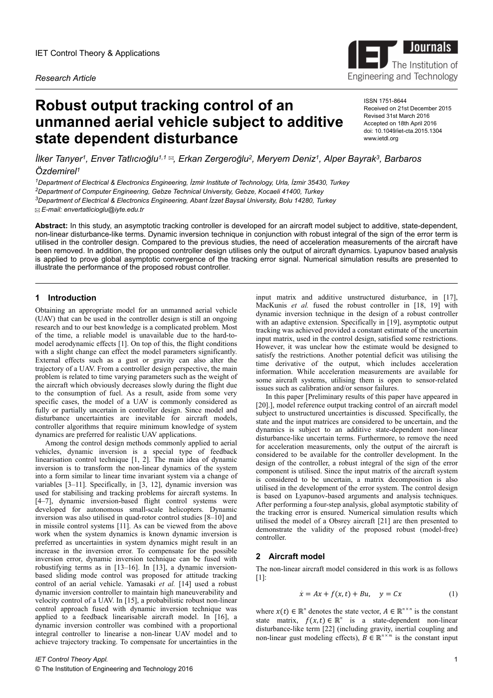 Robust Output Tracking Control Of An Unmanned Aerial Vehicle Subject To Additive State Dependent Disturbance Topic Of Research Paper In Mathematics Download Scholarly Article Pdf And Read For Free On Cyberleninka