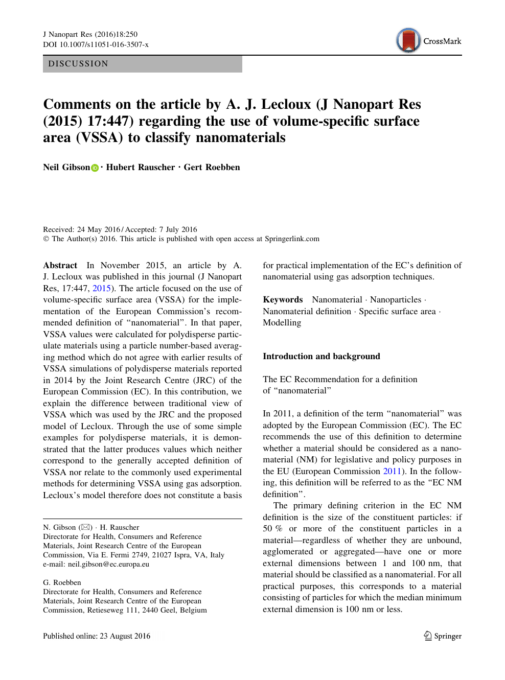 Comments On The Article By A J Lecloux J Nanopart Res 15 17 447 Regarding The Use Of Volume Specific Surface Area Vssa To Classify Nanomaterials Topic Of Research Paper In Physical Sciences