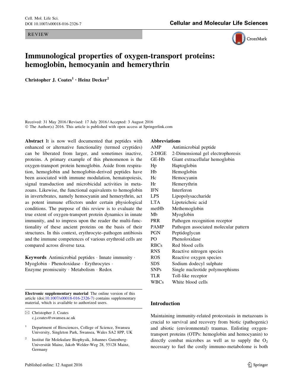Immunological Properties Of Oxygen Transport Proteins Hemoglobin Hemocyanin And Hemerythrin Topic Of Research Paper In Biological Sciences Download Scholarly Article Pdf And Read For Free On Cyberleninka Open Science Hub