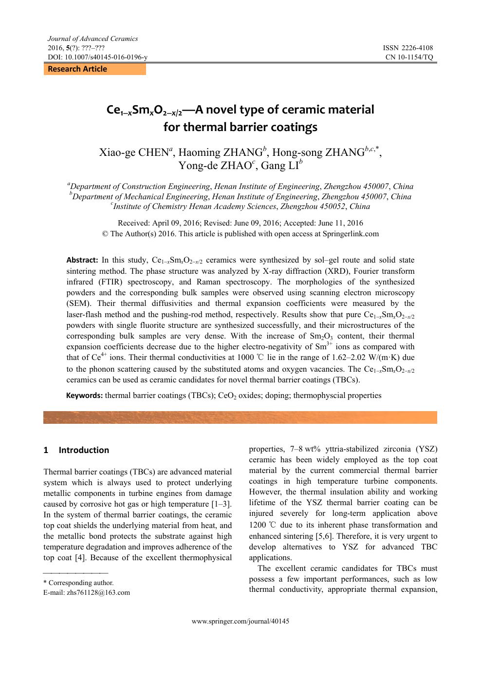 Ce1 X Sm X O2 X 2 A Novel Type Of Ceramic Material For Thermal Barrier Coatings Topic Of Research Paper In Nano Technology Download Scholarly Article Pdf And Read For Free On Cyberleninka Open Science