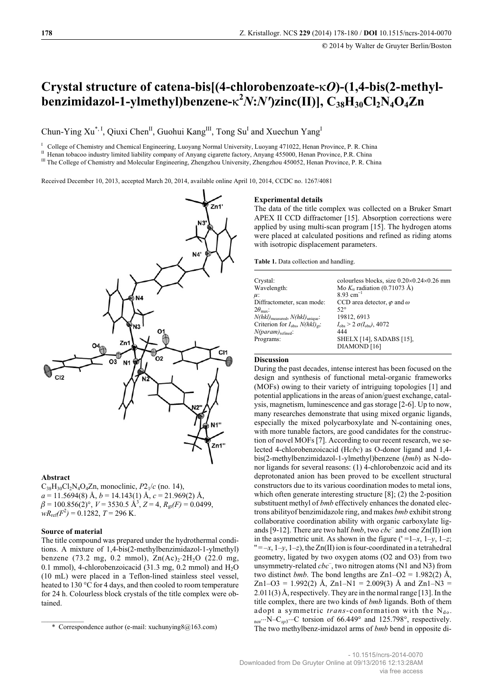 Crystal Structure Of Catena Bis 4 Chlorobenzoate Ko 1 4 Bis 2 Methylbenzimidazol 1 Ylmethyl Benzene K2n N Zinc Ii C38h30cl2n4o4zn Topic Of Research Paper In Chemical Sciences Download Scholarly Article Pdf And Read For Free On Cyberleninka