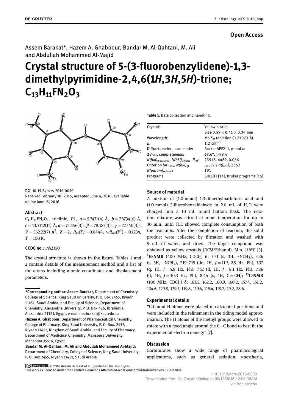 Crystal Structure Of 5 3 Fluorobenzylidene 1 3 Dimethylpyrimidine 2 4 6 1h 3h 5h Trione C13h11fn2o3 Topic Of Research Paper In Chemical Sciences Download Scholarly Article Pdf And Read For Free On Cyberleninka Open Science Hub
