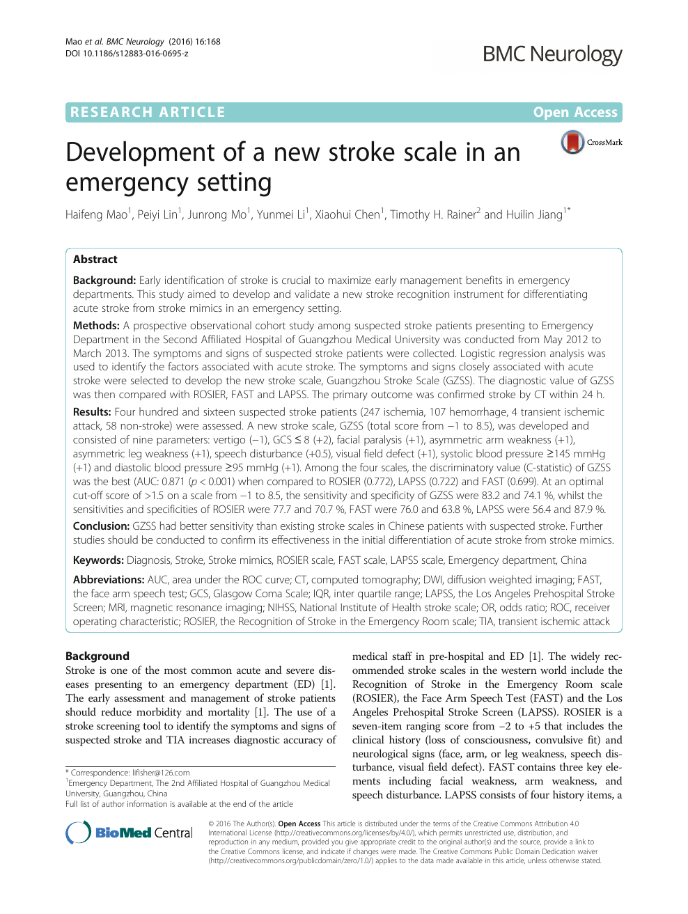 Design and Validation of a Prehospital Stroke Scale to Predict