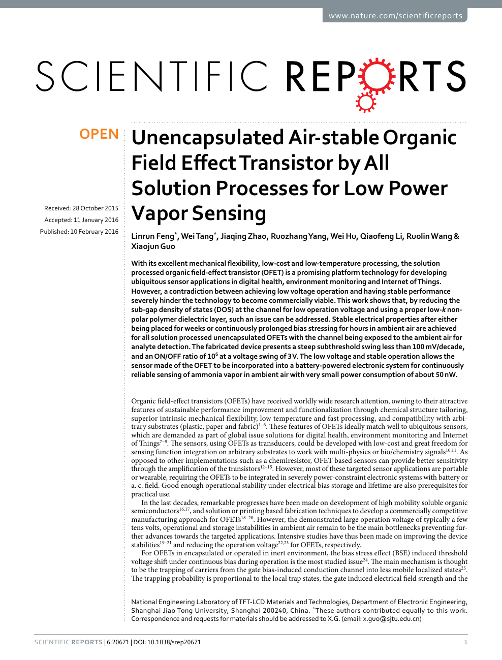 Unencapsulated Air Stable Organic Field Effect Transistor By All Solution Processes For Low Power Vapor Sensing Topic Of Research Paper In Nano Technology Download Scholarly Article Pdf And Read For Free On Cyberleninka
