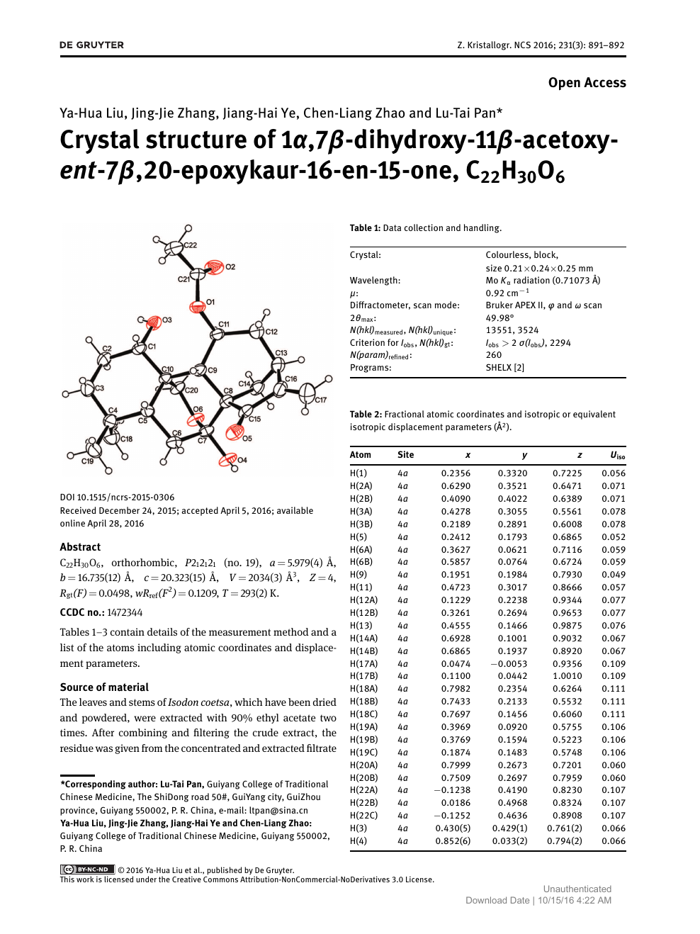 Crystal Structure Of 1a 7b Dihydroxy 11b Acetoxy Ent 7b Epoxykaur 16 En 15 One C22h30o6 Topic Of Research Paper In Chemical Sciences Download Scholarly Article Pdf And Read For Free On Cyberleninka Open Science Hub