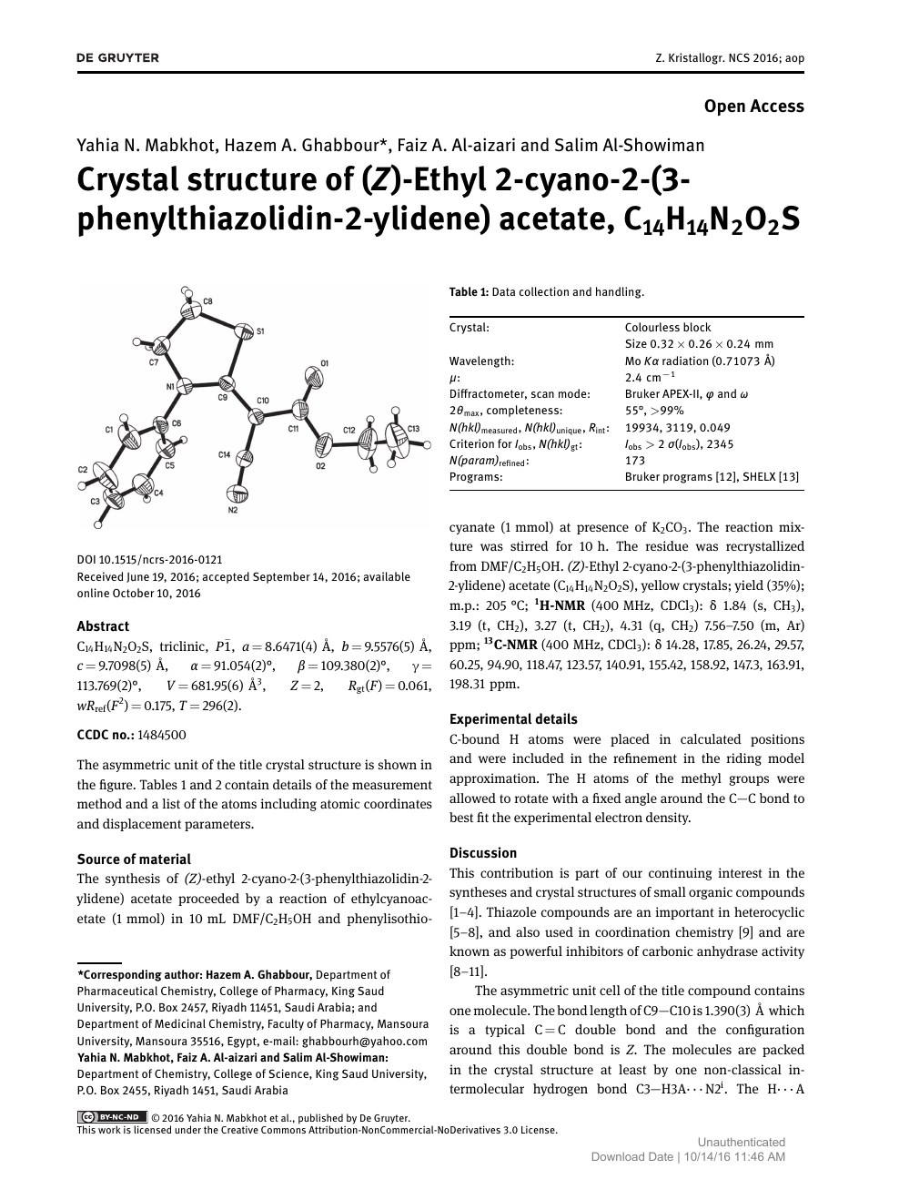 Crystal Structure Of Z Ethyl 2 Cyano 2 3 Phenylthiazolidin 2 Ylidene Acetate C14h14n2o2s Topic Of Research Paper In Chemical Sciences Download Scholarly Article Pdf And Read For Free On Cyberleninka Open Science Hub