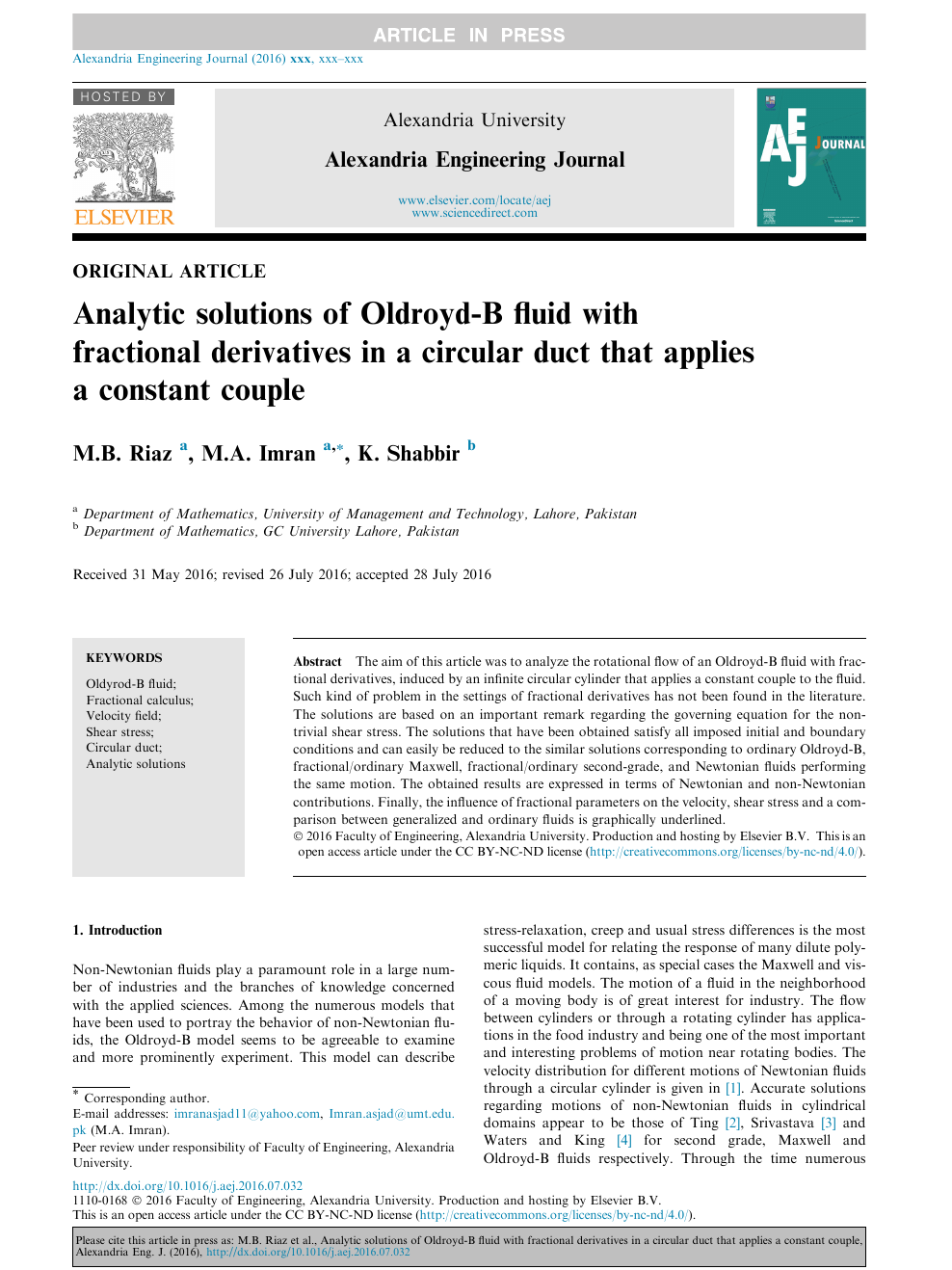 Analytic Solutions Of Oldroyd B Fluid With Fractional Derivatives In A Circular Duct That Applies A Constant Couple Topic Of Research Paper In Mathematics Download Scholarly Article Pdf And Read For Free