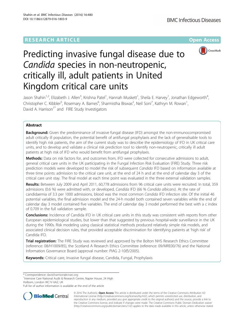 Predicting Invasive Fungal Disease Due To Candida Species In Non Neutropenic Critically Ill Adult Patients In United Kingdom Critical Care Units Topic Of Research Paper In Health Sciences Download Scholarly Article Pdf