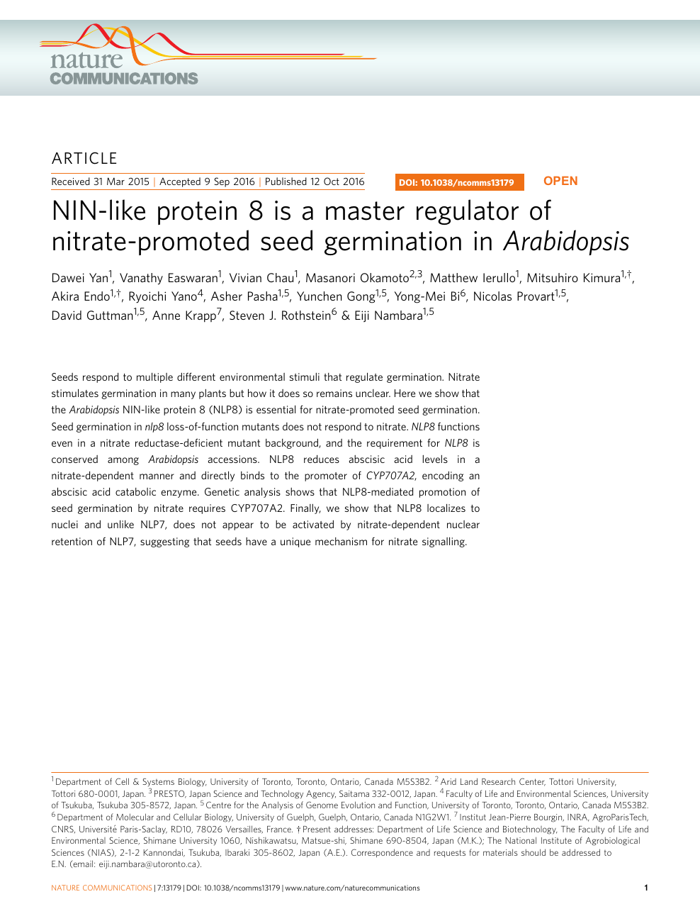 Nin Like Protein 8 Is A Master Regulator Of Nitrate Promoted Seed Germination In Arabidopsis Topic Of Research Paper In Biological Sciences Download Scholarly Article Pdf And Read For Free On Cyberleninka Open