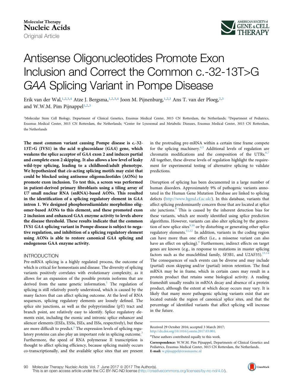 Antisense Oligonucleotides Promote Exon Inclusion And Correct The Common C 32 13t G Gaa Splicing Variant In Pompe Disease Topic Of Research Paper In Biological Sciences Download Scholarly Article Pdf And Read For Free