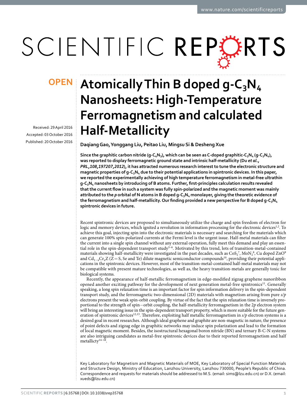 Atomically Thin B Doped G C3n4 Nanosheets High Temperature Ferromagnetism And Calculated Half Metallicity Topic Of Research Paper In Nano Technology Download Scholarly Article Pdf And Read For Free On Cyberleninka Open Science Hub