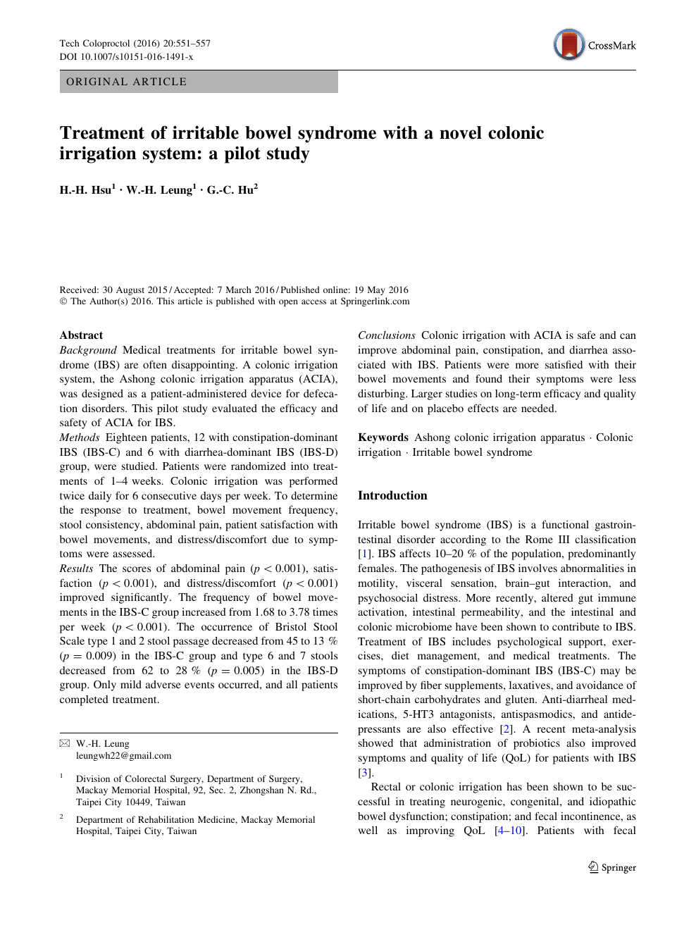 Treatment Of Irritable Bowel Syndrome With A Novel Colonic Irrigation System A Pilot Study Topic Of Research Paper In Clinical Medicine Download Scholarly Article Pdf And Read For Free On Cyberleninka