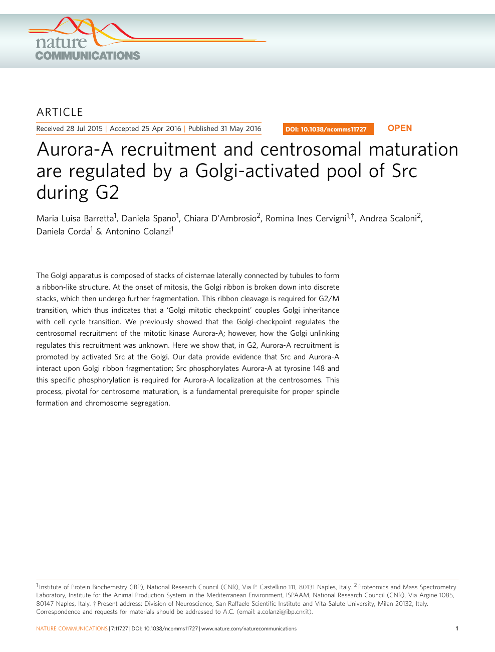 Aurora A Recruitment And Centrosomal Maturation Are Regulated By A Golgi Activated Pool Of Src During G2 Topic Of Research Paper In Biological Sciences Download Scholarly Article Pdf And Read For Free On