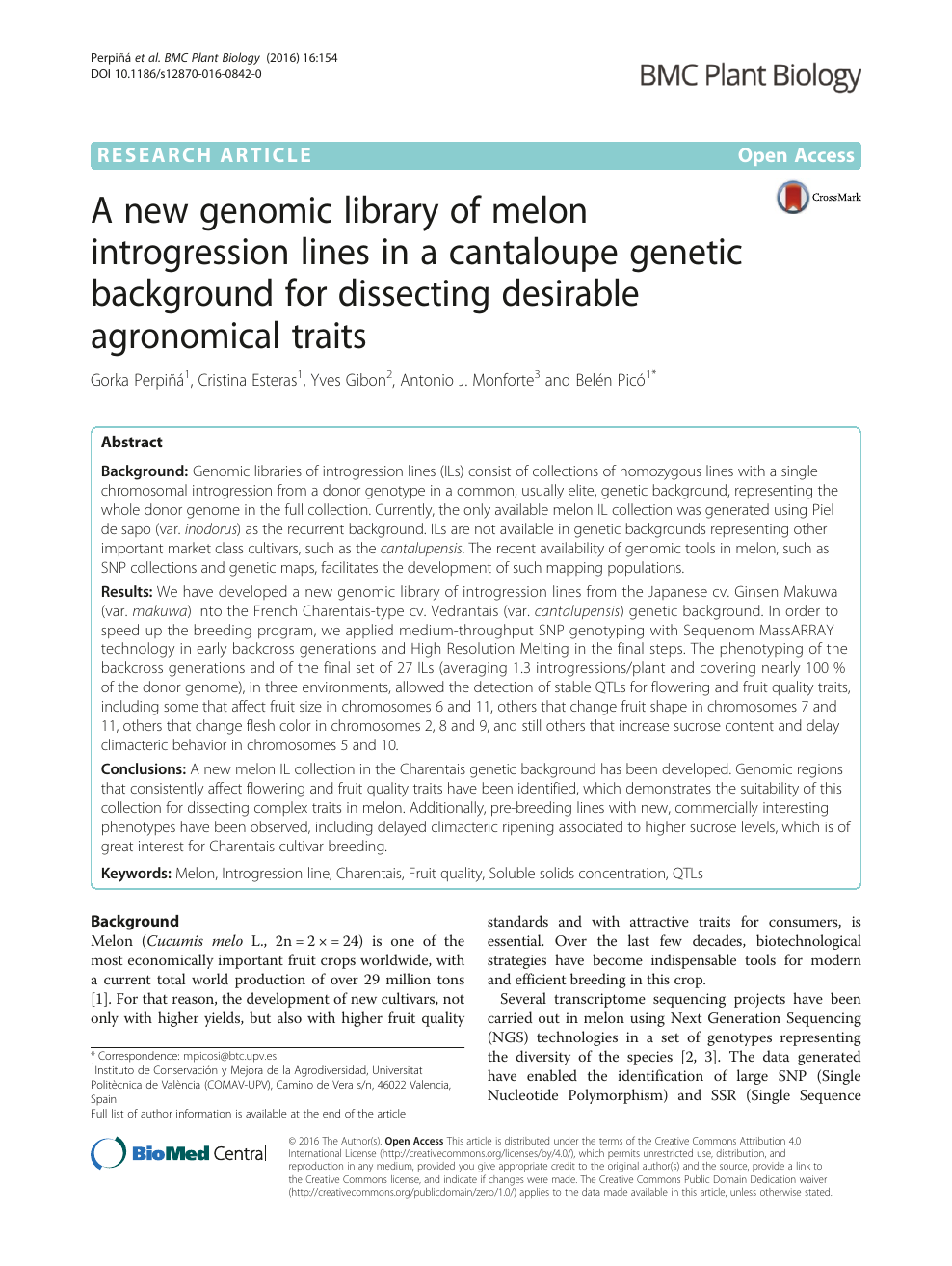 A New Genomic Library Of Melon Introgression Lines In A Cantaloupe Genetic Background For Dissecting Desirable Agronomical Traits Topic Of Research Paper In Biological Sciences Download Scholarly Article Pdf And Read