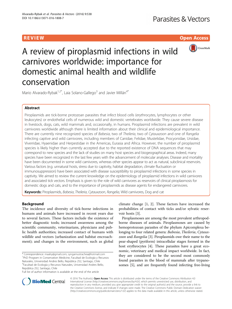 A review of piroplasmid infections in wild carnivores worldwide: importance  for domestic animal health and wildlife conservation – topic of research  paper in Veterinary science. Download scholarly article PDF and read for