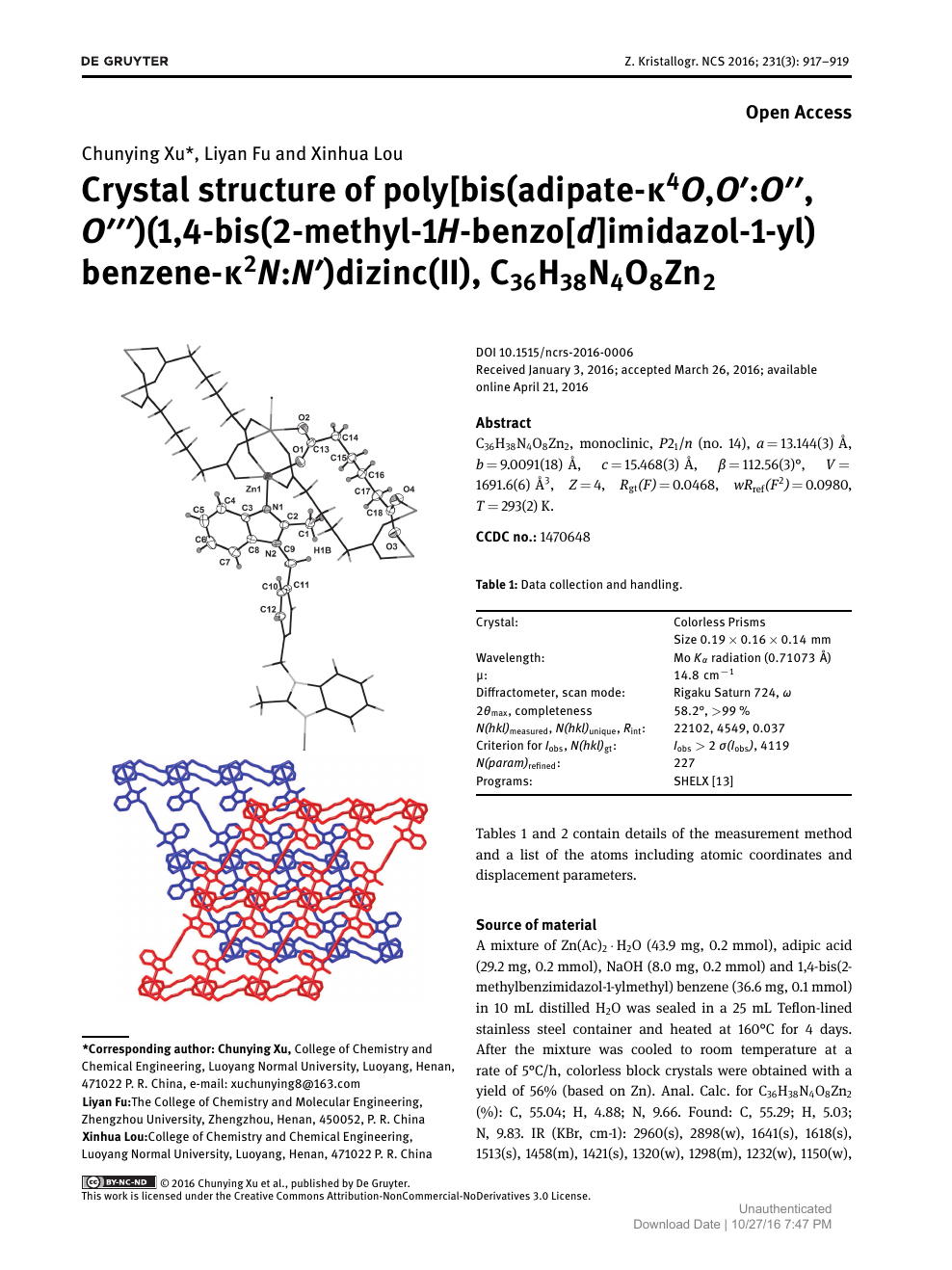 Crystal Structure Of Poly Bis Adipate K4o O O O 1 4 Bis 2 Methyl 1h Benzo D Imidazol 1 Yl Benzene K2n N Dizinc Ii C36h38n4o8zn2 Topic Of Research Paper In Chemical Sciences Download Scholarly Article Pdf And Read For Free On Cyberleninka