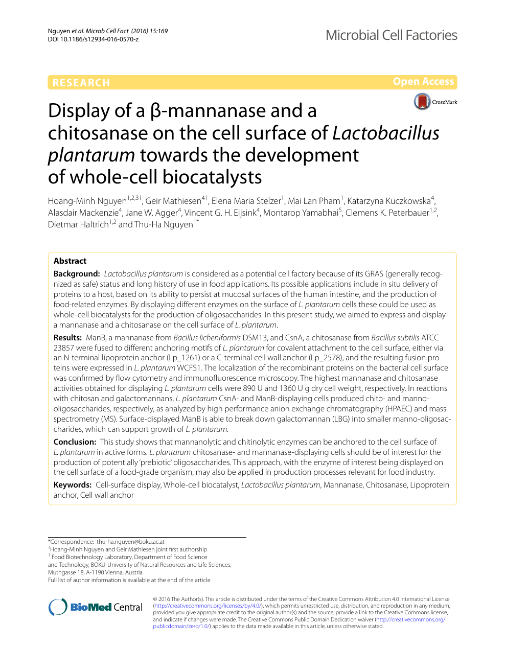 Display Of A B Mannanase And A Chitosanase On The Cell Surface Of Lactobacillus Plantarum Towards The Development Of Whole Cell Biocatalysts Topic Of Research Paper In Biological Sciences Download Scholarly Article Pdf