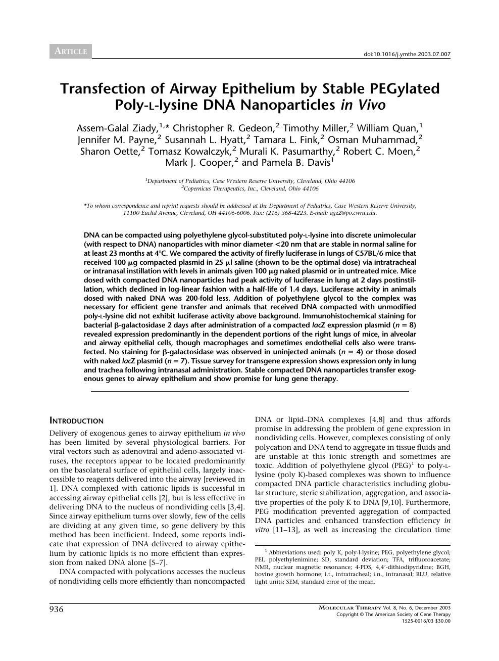 Transfection Of Airway Epithelium By Stable Pegylated Poly Lysine Dna Nanoparticles In Vivo Topic Of Research Paper In Biological Sciences Download Scholarly Article Pdf And Read For Free On Cyberleninka Open Science