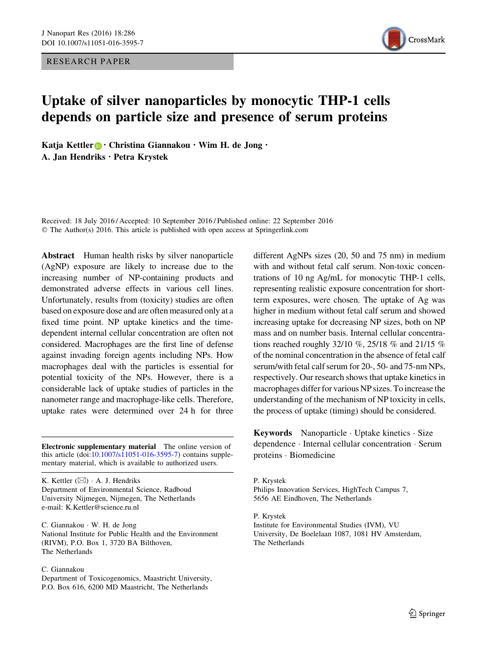 Uptake Of Silver Nanoparticles By Monocytic Thp 1 Cells Depends On Particle Size And Presence Of Serum Proteins Topic Of Research Paper In Nano Technology Download Scholarly Article Pdf And Read For Free
