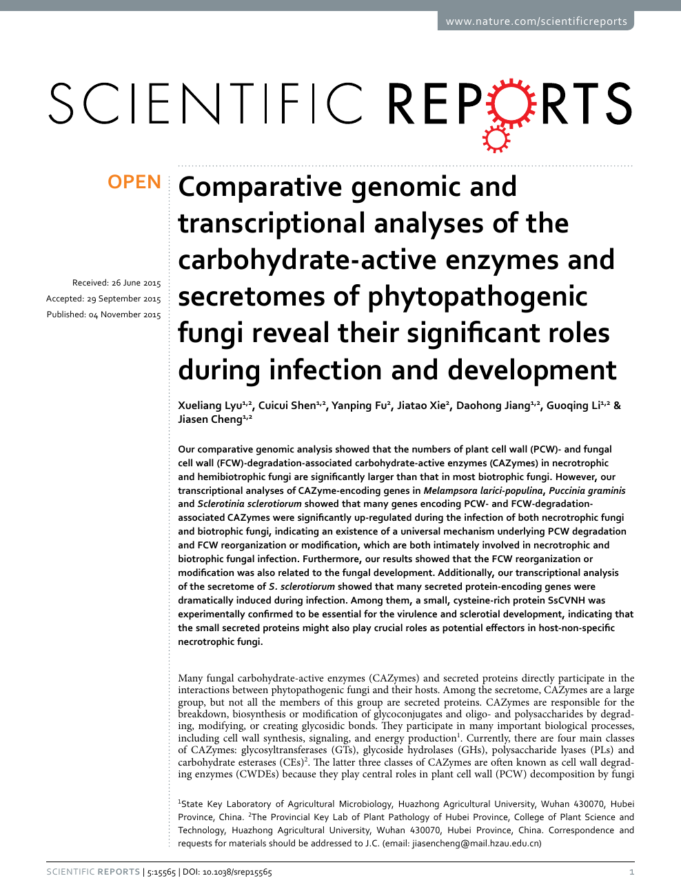 Comparative Genomic And Transcriptional Analyses Of The Carbohydrate Active Enzymes And Secretomes Of Phytopathogenic Fungi Reveal Their Significant Roles During Infection And Development Topic Of Research Paper In Biological Sciences Download Scholarly