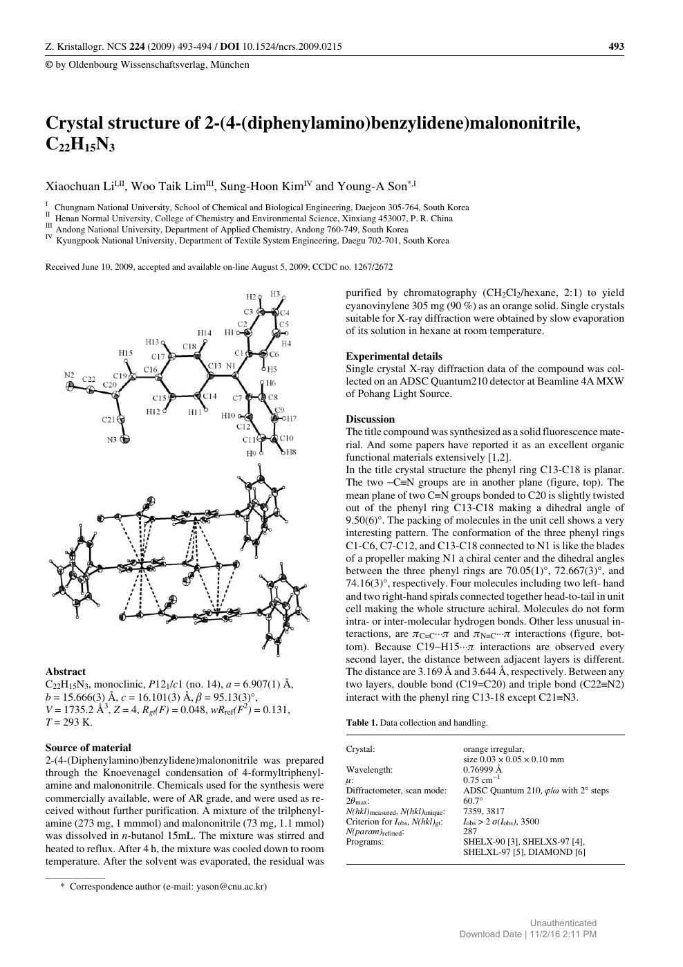 Crystal Structure Of 2 4 Diphenylamino Benzylidene Malononitrile C22h15n3 Topic Of Research Paper In Chemical Sciences Download Scholarly Article Pdf And Read For Free On Cyberleninka Open Science Hub