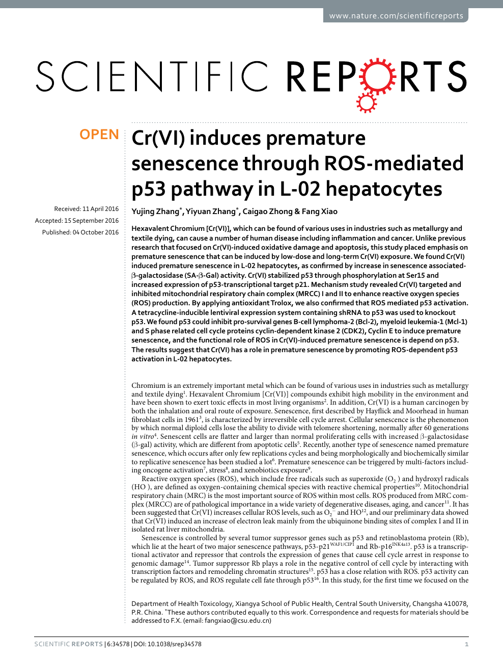 Cr Vi Induces Premature Senescence Through Ros Mediated P53 Pathway In L 02 Hepatocytes Topic Of Research Paper In Biological Sciences Download Scholarly Article Pdf And Read For Free On Cyberleninka Open Science Hub