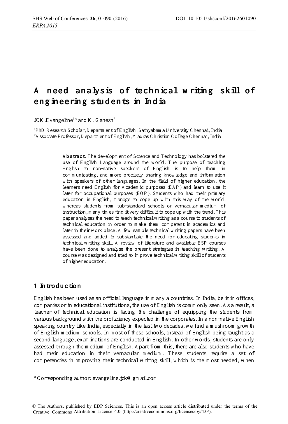 A need analysis of technical writing skill of engineering students