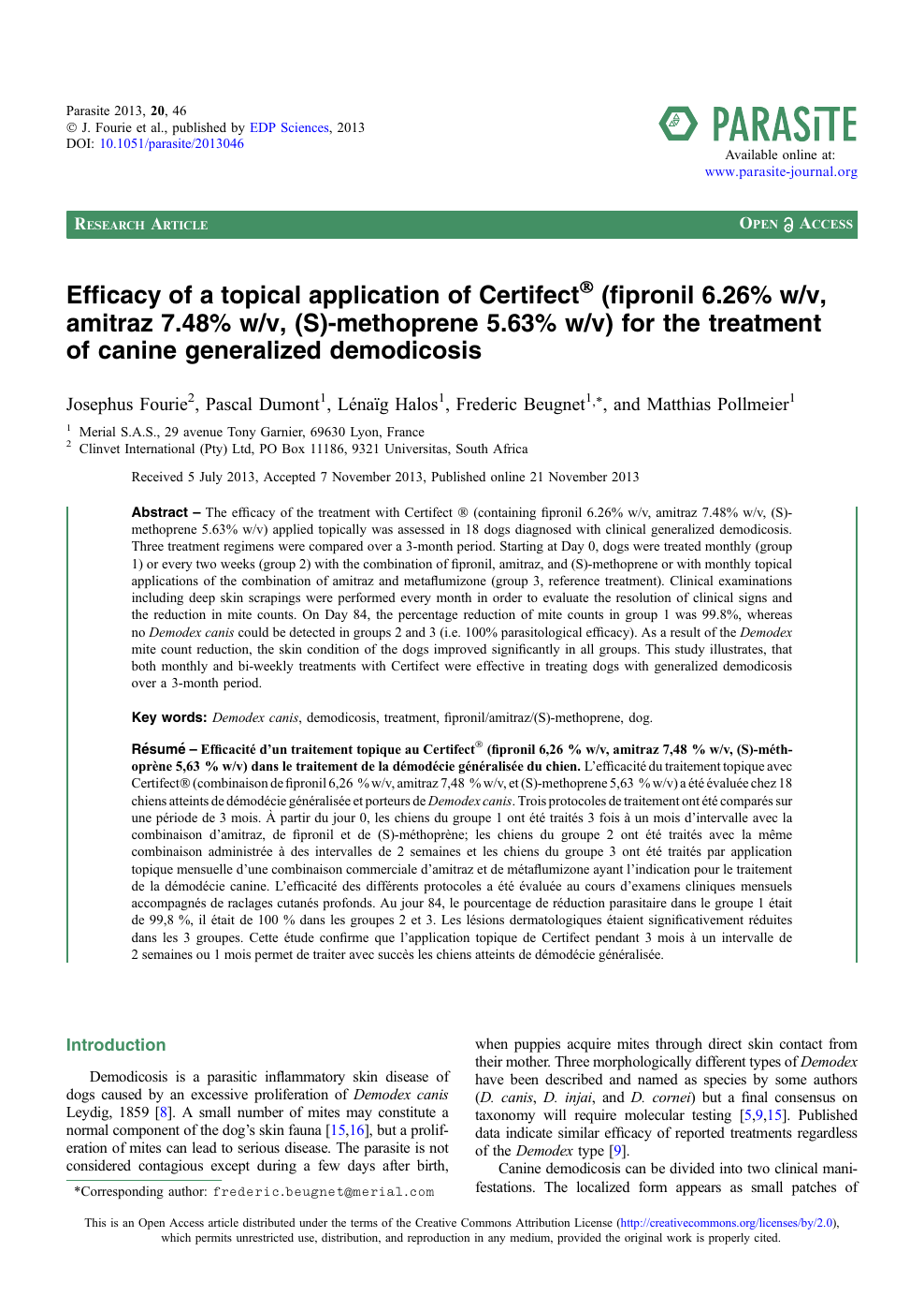 Efficacy Of A Topical Application Of Certifect Fipronil 6 26 W V Amitraz 7 48 W V S Methoprene 5 63 W V For The Treatment Of Canine Generalized Demodicosis Topic Of Research Paper In Veterinary Science
