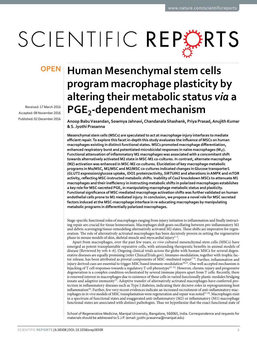 Human Mesenchymal Stem Cells Program Macrophage Plasticity By Altering Their Metabolic Status Via A Pge2 Dependent Mechanism Topic Of Research Paper In Biological Sciences Download Scholarly Article Pdf And Read For Free
