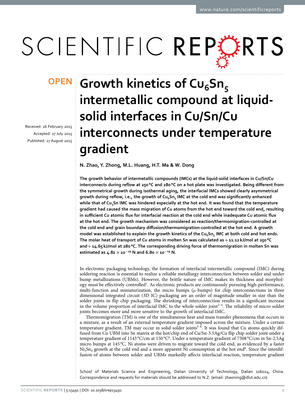 Growth Kinetics Of Cu6sn5 Intermetallic Compound At Liquid Solid Interfaces In Cu Sn Cu Interconnects Under Temperature Gradient Topic Of Research Paper In Materials Engineering Download Scholarly Article Pdf And Read For Free On