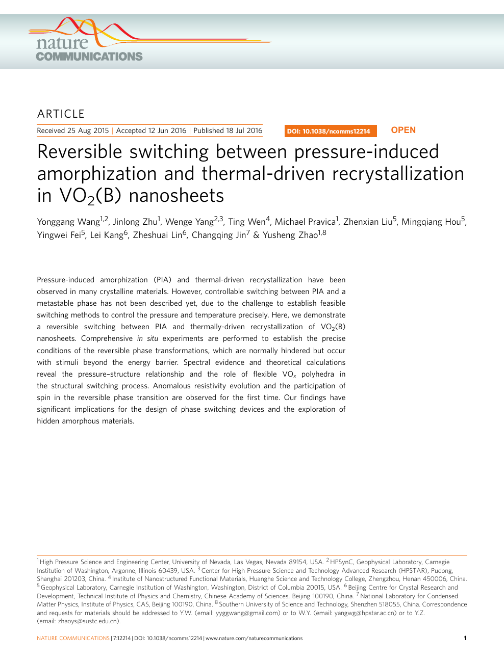 Reversible Switching Between Pressure Induced Amorphization And Thermal Driven Recrystallization In Vo2 B Nanosheets Topic Of Research Paper In Materials Engineering Download Scholarly Article Pdf And Read For Free On Cyberleninka Open Science Hub