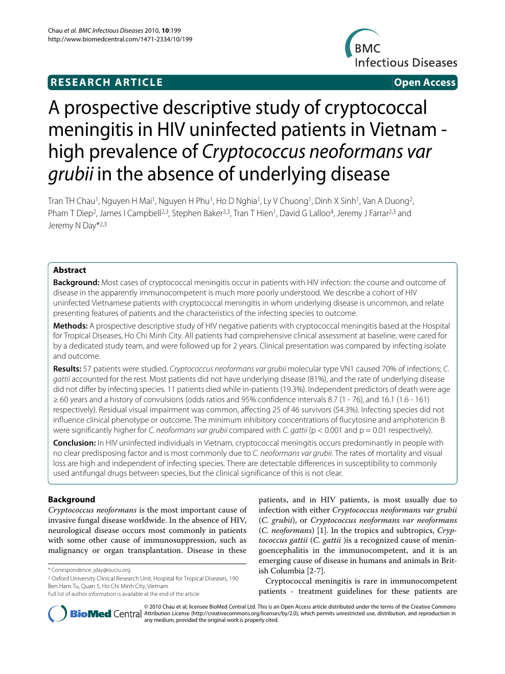 A Prospective Descriptive Study Of Cryptococcal Meningitis In Hiv Uninfected Patients In Vietnam High Prevalence Of Cryptococcus Neoformans Var Grubii In The Absence Of Underlying Disease Topic Of Research Paper