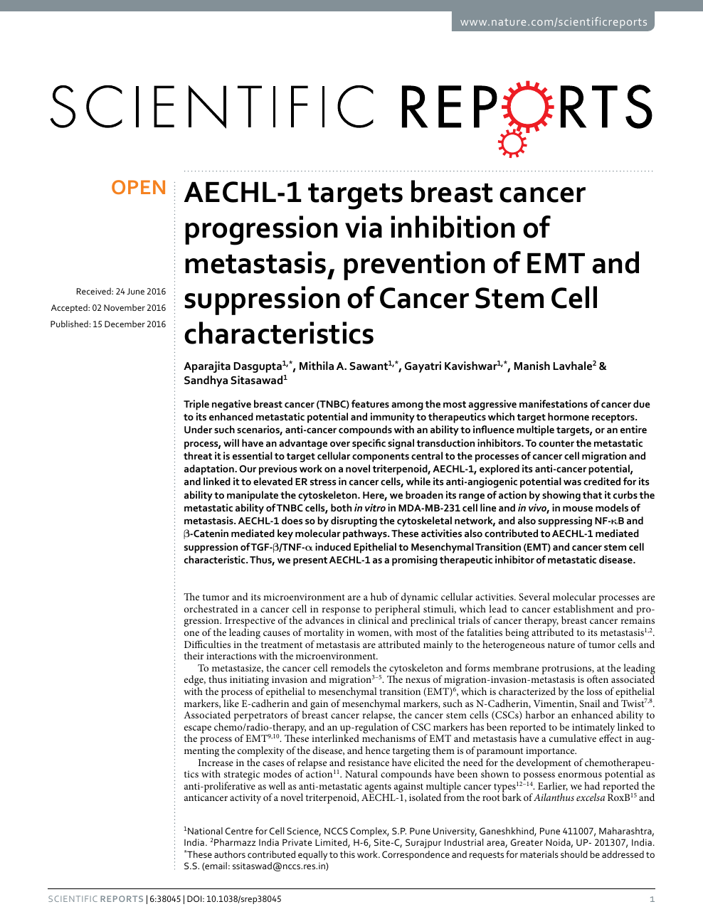 AECHL-1 targets breast cancer progression via inhibition of metastasis, prevention EMT suppression of Cancer Stem Cell characteristics – topic of research paper in Biological sciences. Download scholarly article PDF and