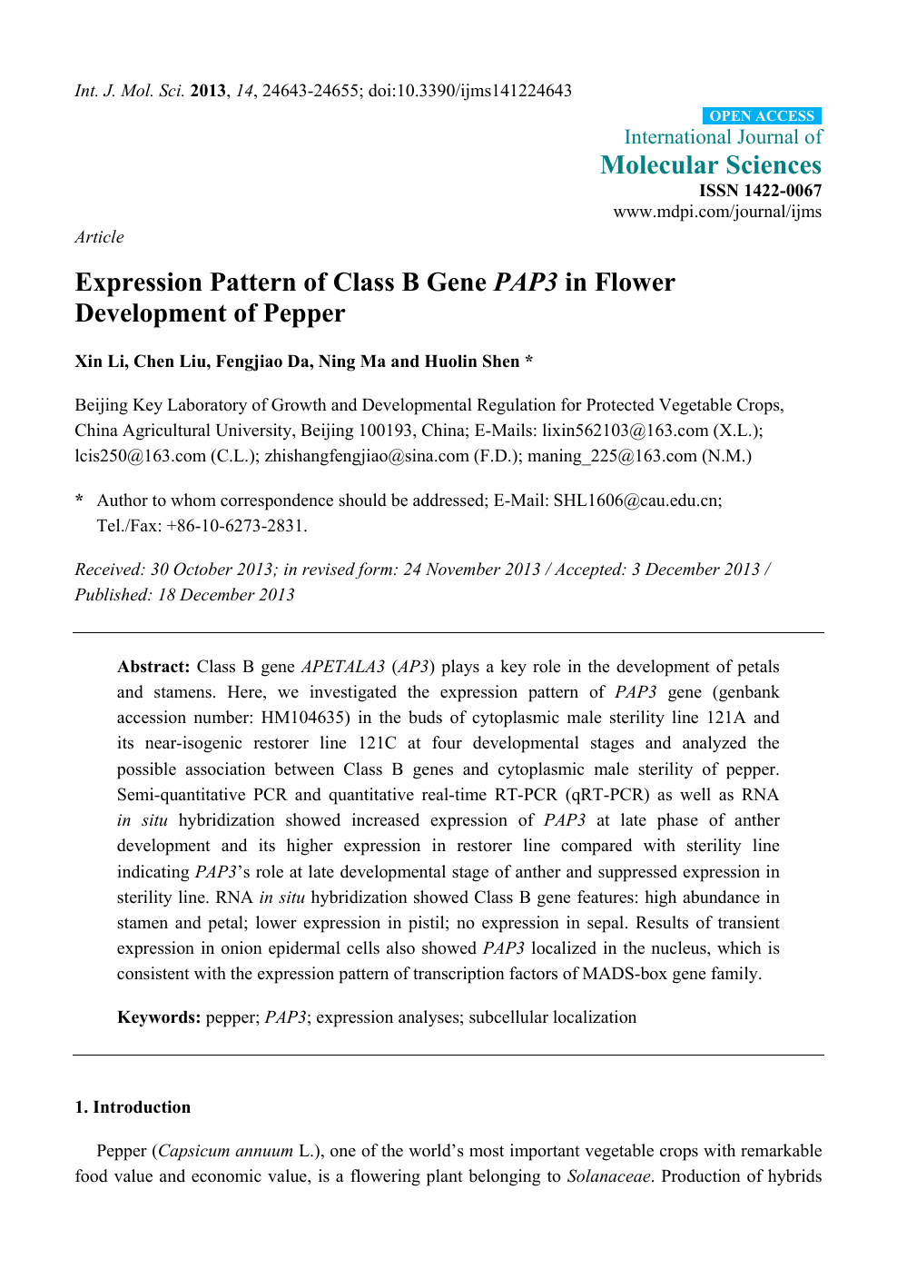 Expression Pattern Of Class B Gene Pap3 In Flower Development Of Pepper Topic Of Research Paper In Biological Sciences Download Scholarly Article Pdf And Read For Free On Cyberleninka Open Science