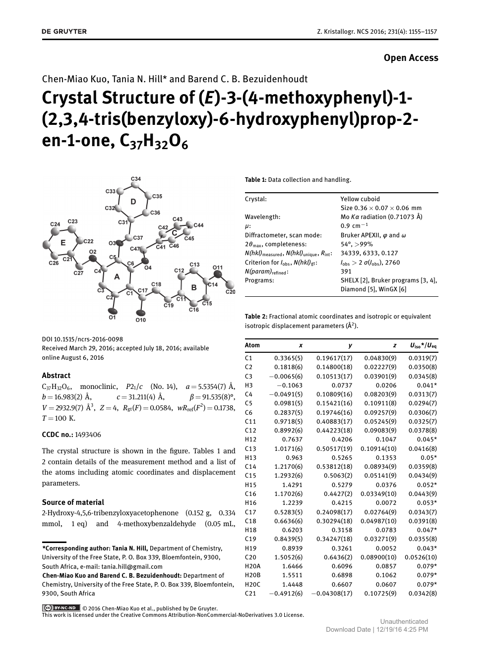 Crystal Structure Of E 3 4 Methoxyphenyl 1 2 3 4 Tris Benzyloxy 6 Hydroxyphenyl Prop 2 En 1 One C37h32o6 Topic Of Research Paper In Biological Sciences Download Scholarly Article Pdf And Read For Free On Cyberleninka Open Science Hub