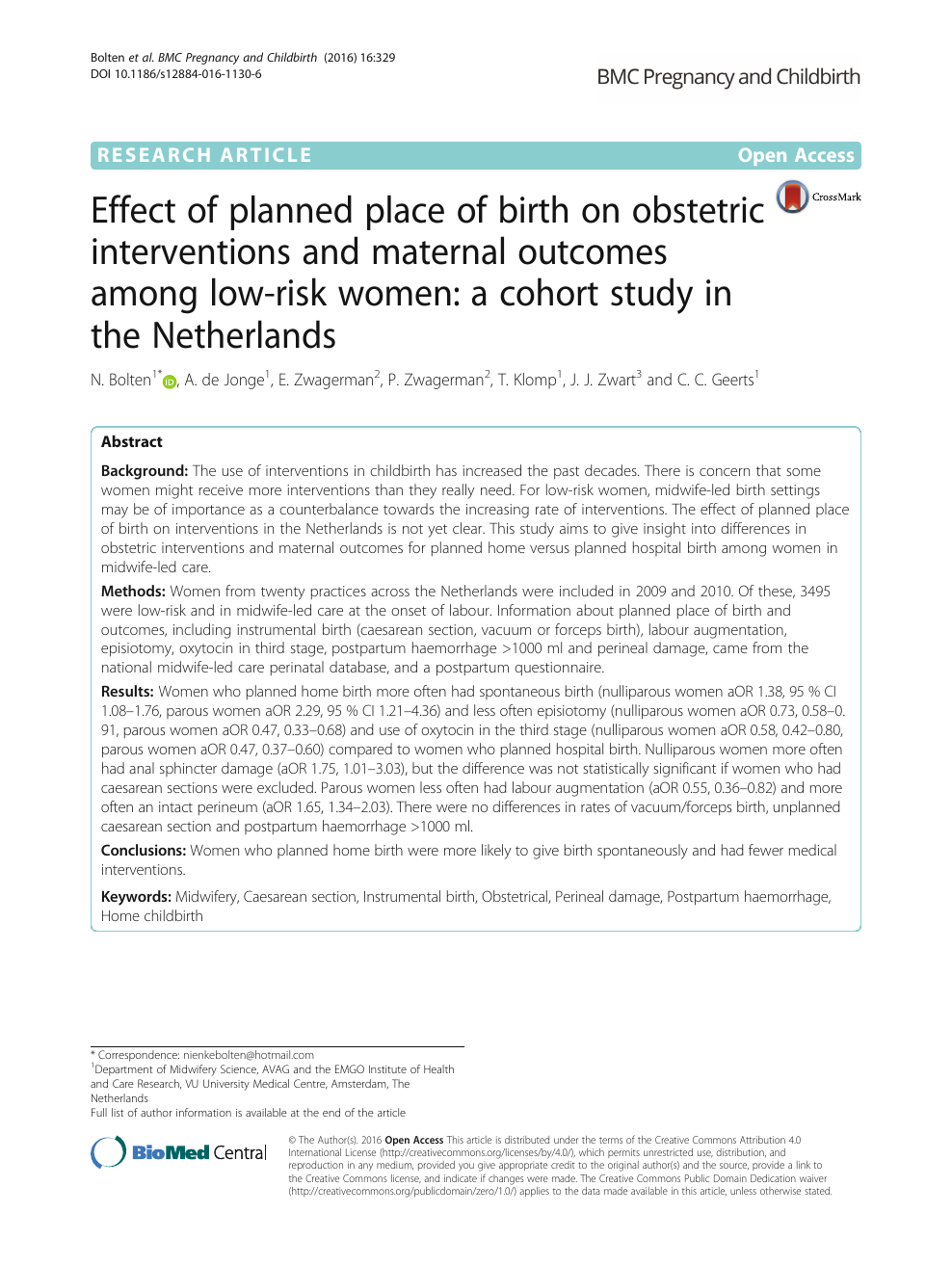 Effect Of Planned Place Of Birth On Obstetric Interventions And Maternal Outcomes Among Low Risk Women A Cohort Study In The Netherlands Topic Of Research Paper In Health Sciences Download Scholarly Article
