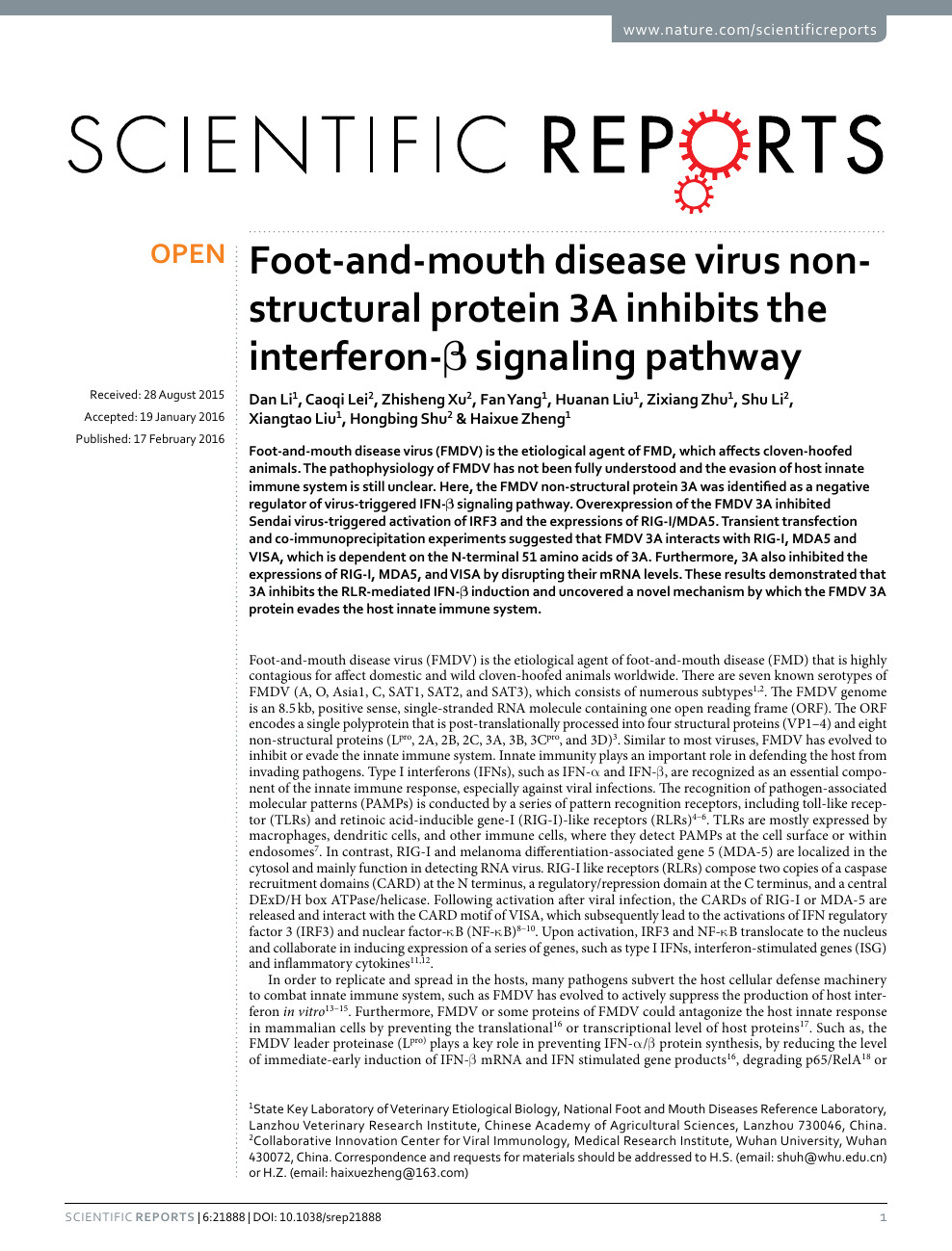 Foot And Mouth Disease Virus Non Structural Protein 3a Inhibits The Interferon B Signaling Pathway Topic Of Research Paper In Biological Sciences Download Scholarly Article Pdf And Read For Free On Cyberleninka Open Science Hub