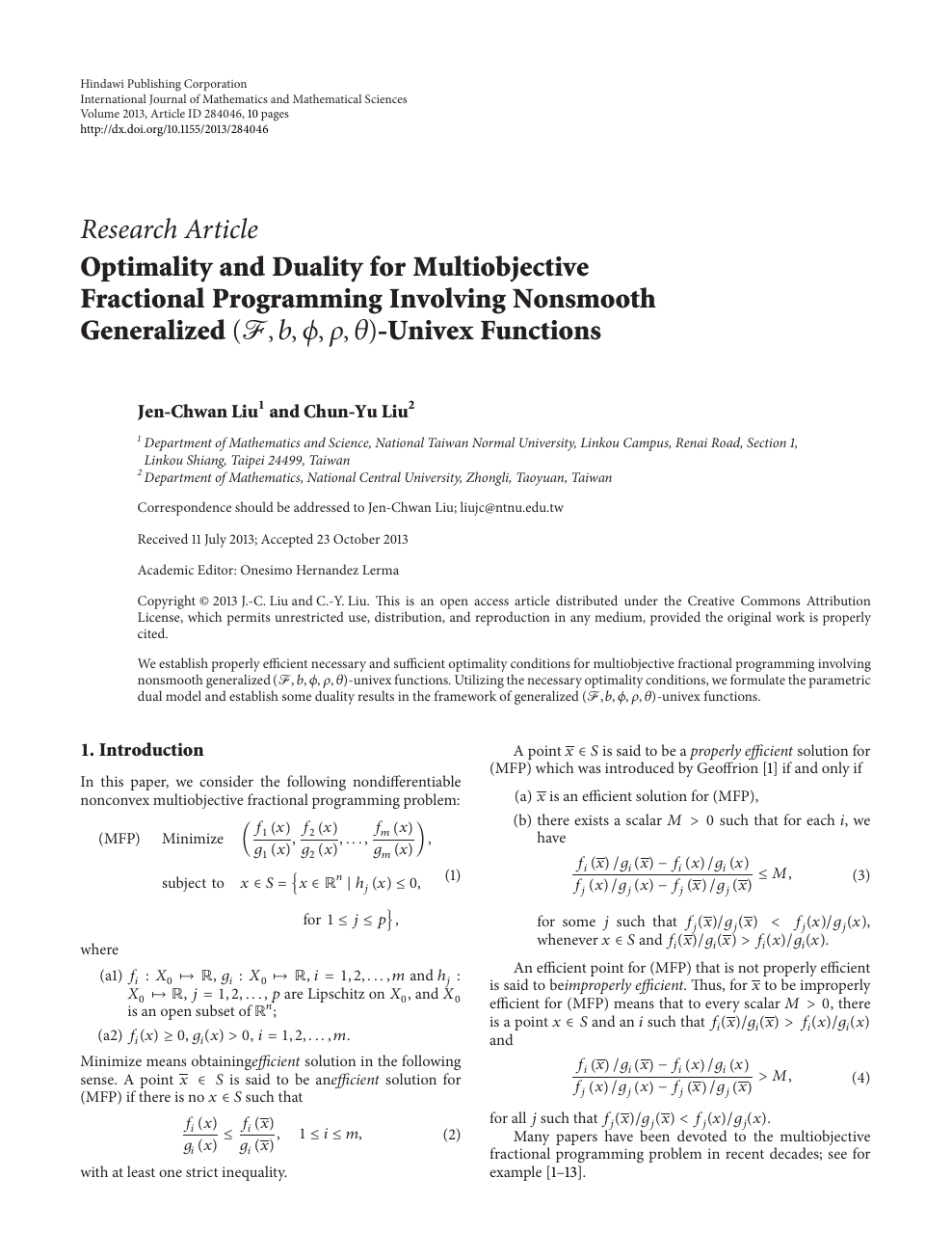 Optimality And Duality For Multiobjective Fractional Programming Involving Nonsmooth Generalized ℱ B ϕ R 8 Univex Functions Topic Of Research Paper In Mathematics Download Scholarly