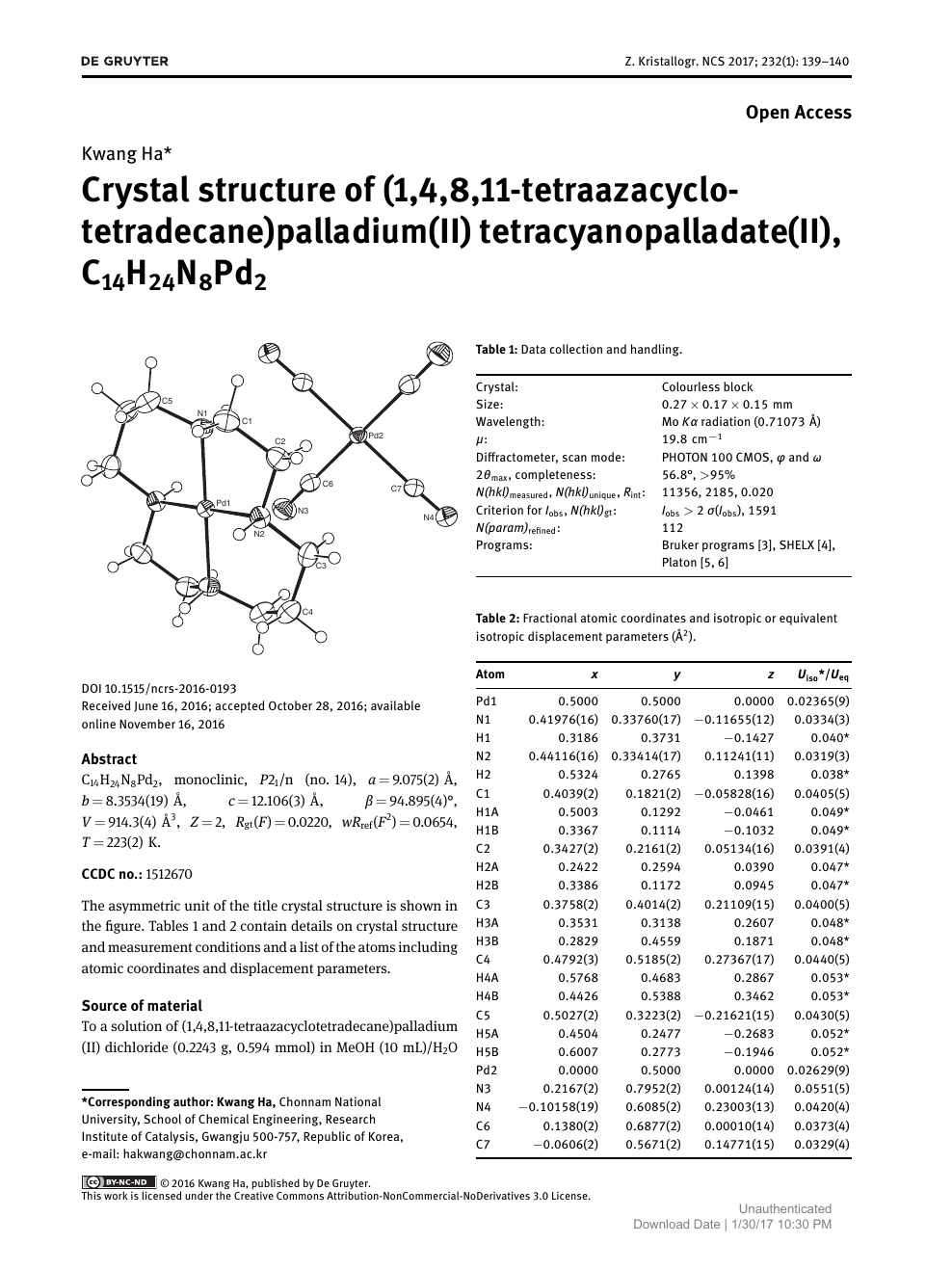Crystal Structure Of 1 4 8 11 Tetraazacyclotetradecane Palladium Ii Tetracyanopalladate Ii C14h24n8pd2 Topic Of Research Paper In Earth And Related Environmental Sciences Download Scholarly Article Pdf And Read For Free On Cyberleninka Open