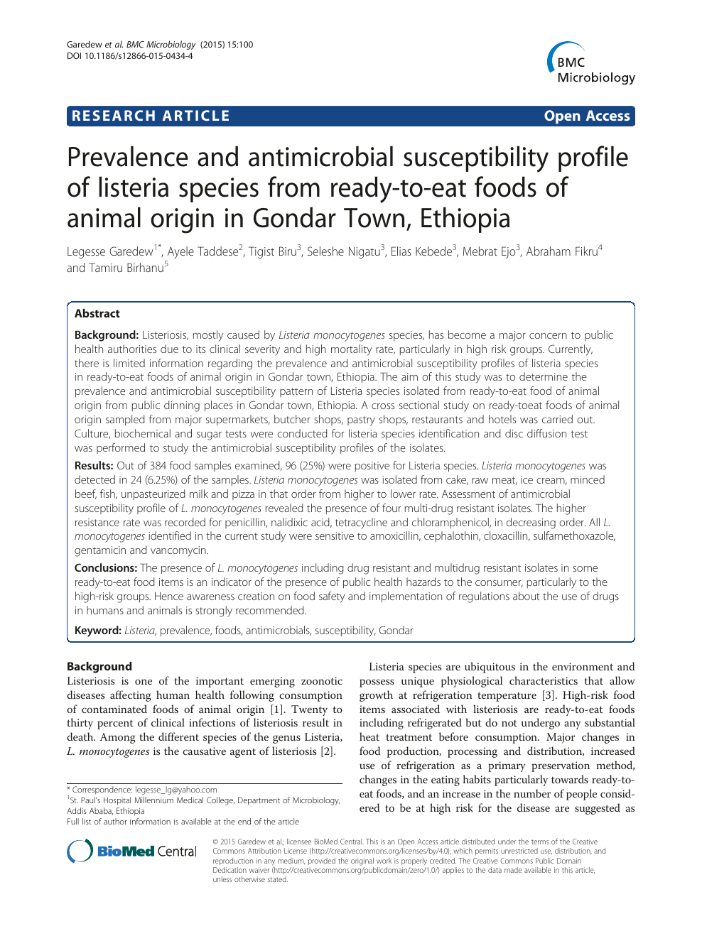 Prevalence and antimicrobial susceptibility profile of listeria species  from ready-to-eat foods of animal origin in Gondar Town, Ethiopia – topic  of research paper in Veterinary science. Download scholarly article PDF and  read
