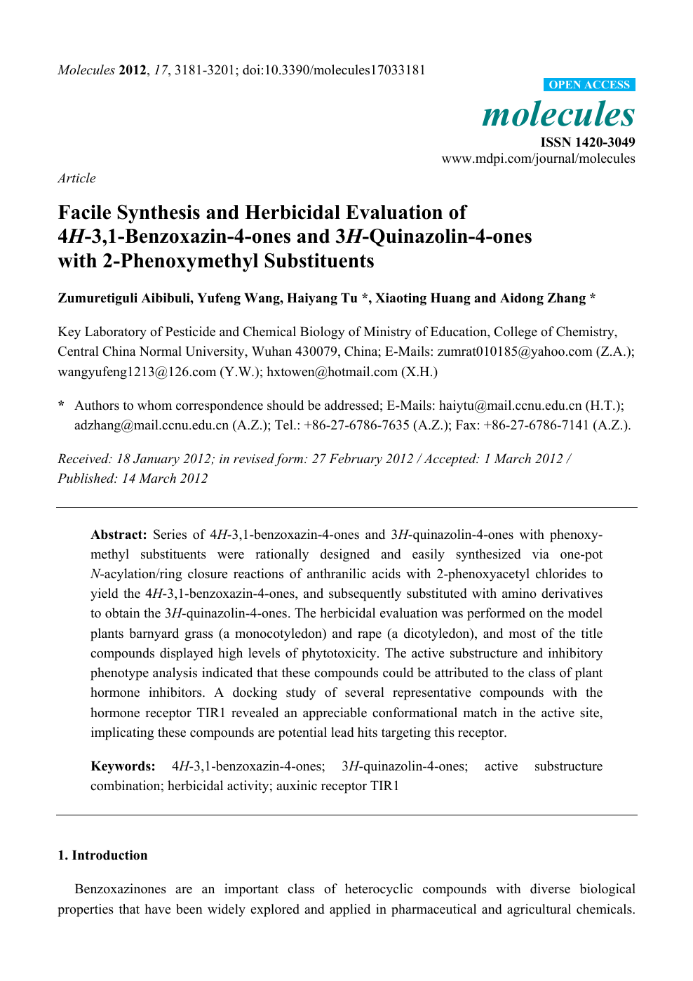 Facile Synthesis And Herbicidal Evaluation Of 4h 3 1 Benzoxazin 4 Ones And 3h Quinazolin 4 Ones With 2 Phenoxymethyl Substituents Topic Of Research Paper In Chemical Sciences Download Scholarly Article Pdf And Read For Free On Cyberleninka Open Science