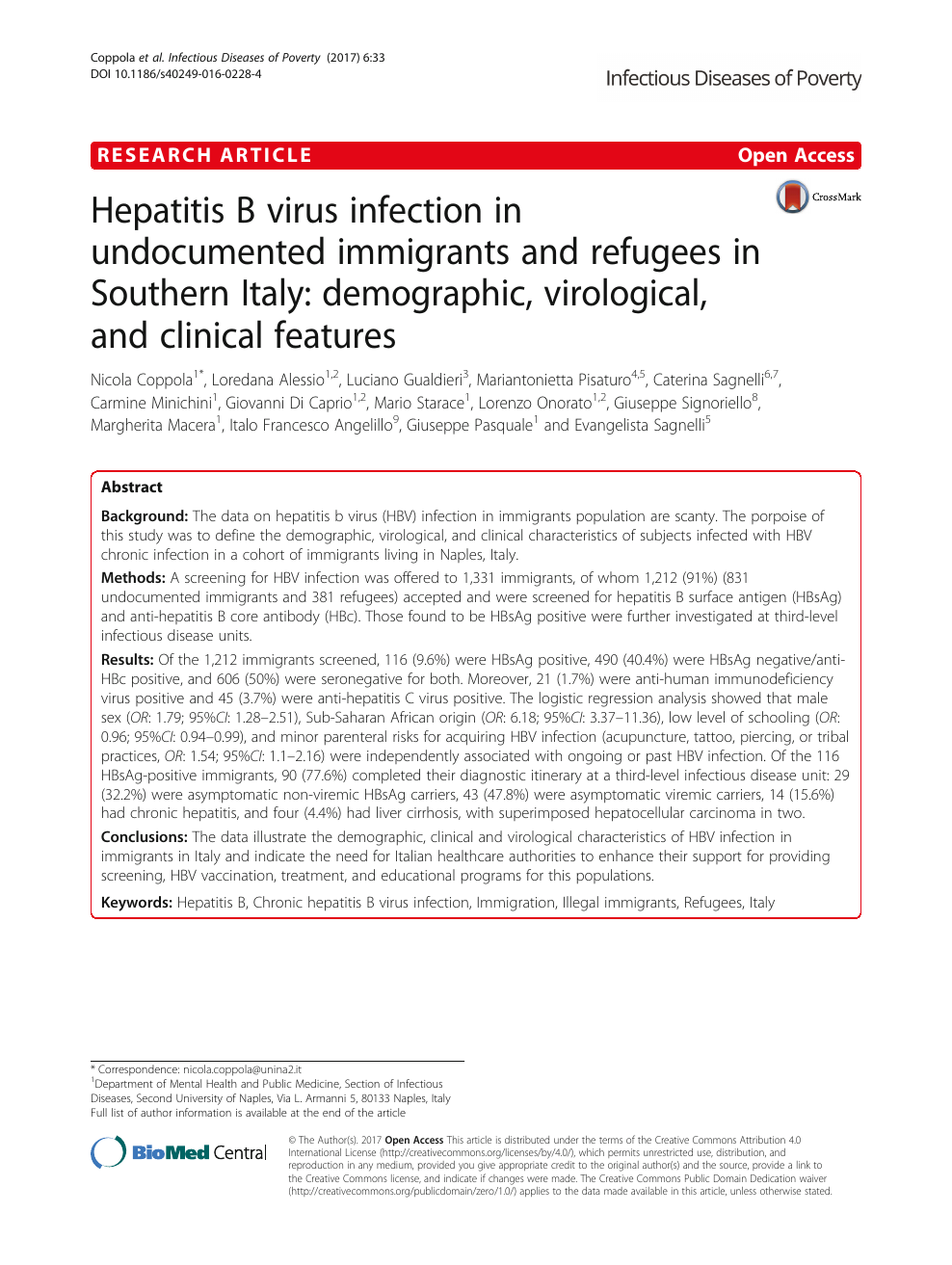 Hepatitis B Virus Infection In Undocumented Immigrants And Refugees In Southern Italy Demographic Virological And Clinical Features Topic Of Research Paper In Health Sciences Download Scholarly Article Pdf And Read For