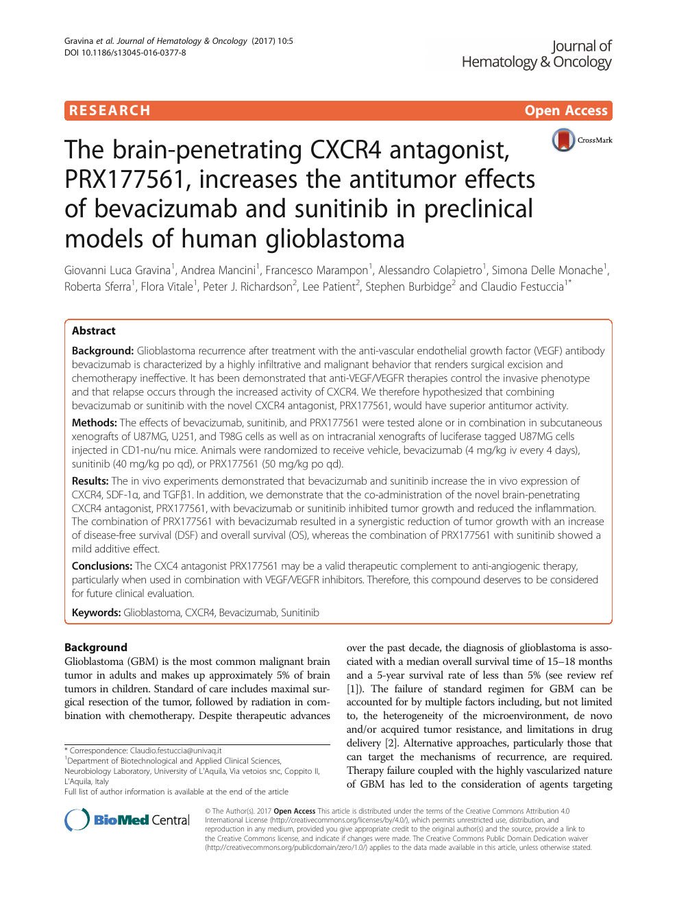 The Brain Penetrating Cxcr4 Antagonist Prx Increases The Antitumor Effects Of Bevacizumab And Sunitinib In Preclinical Models Of Human Glioblastoma Topic Of Research Paper In Clinical Medicine Download Scholarly Article Pdf And