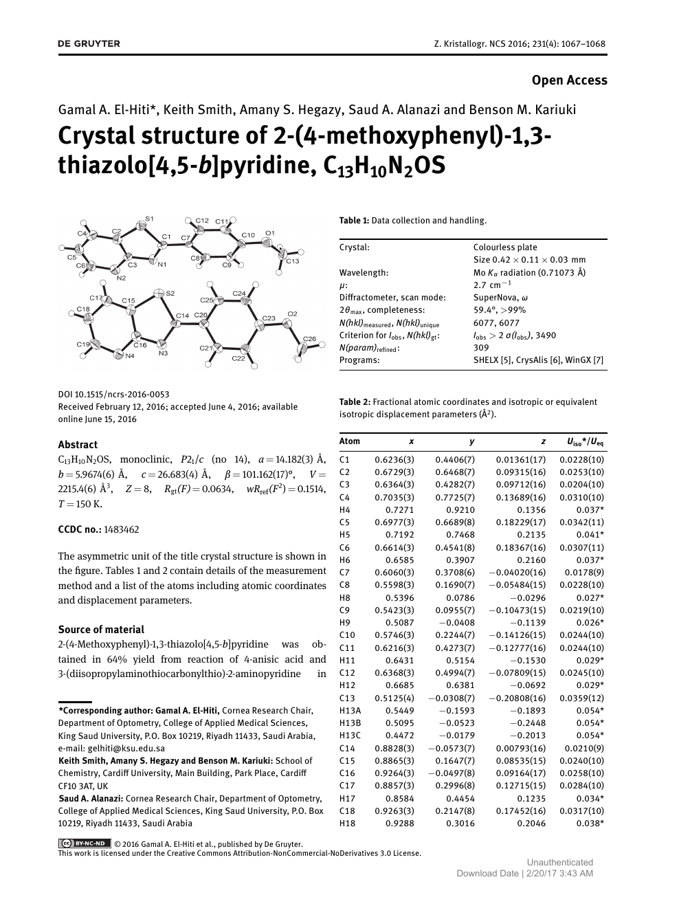 Crystal Structure Of 2 4 Methoxyphenyl 1 3 Thiazolo 4 5 B Pyridine C13h10n2os Topic Of Research Paper In Chemical Sciences Download Scholarly Article Pdf And Read For Free On Cyberleninka Open Science Hub