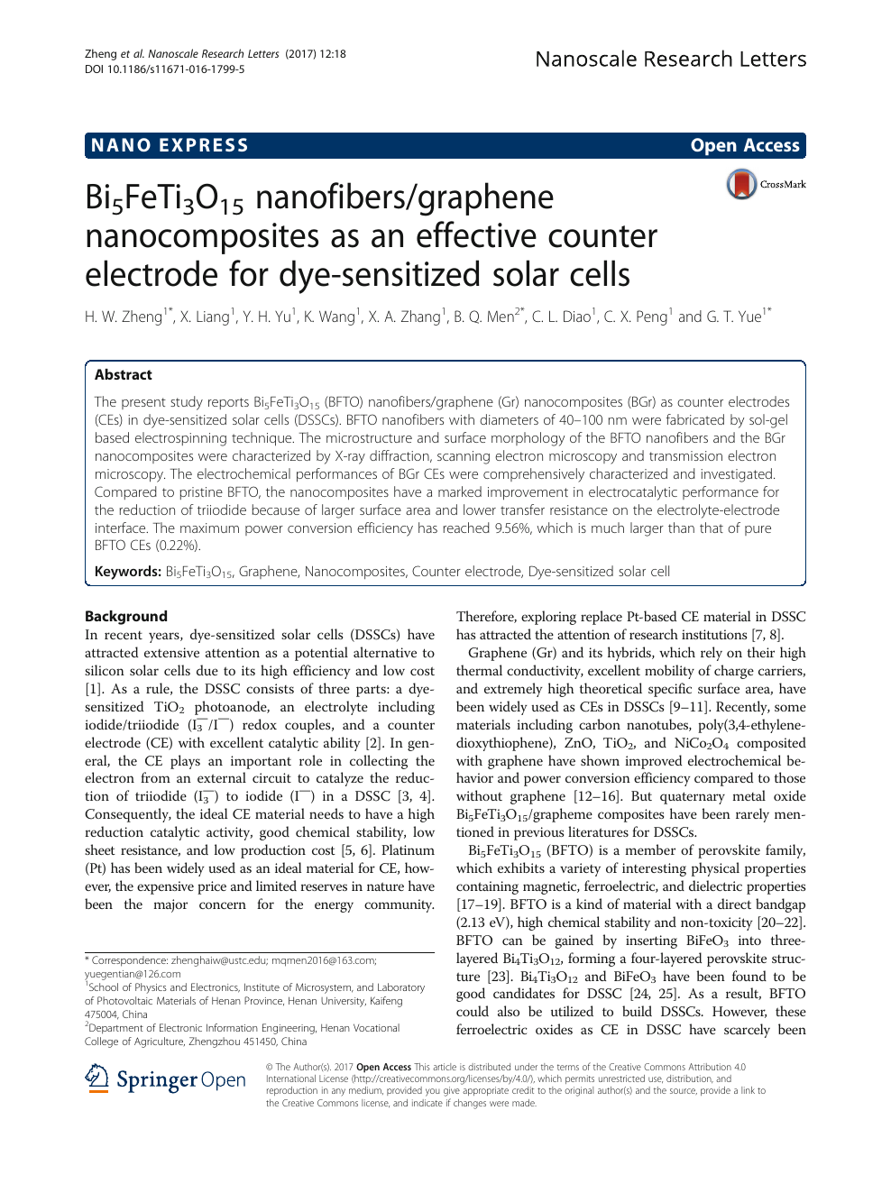 Bi5feti3o15 Nanofibers Graphene Nanocomposites As An Effective Counter Electrode For Dye Sensitized Solar Cells Topic Of Research Paper In Nano Technology Download Scholarly Article Pdf And Read For Free On Cyberleninka Open Science Hub