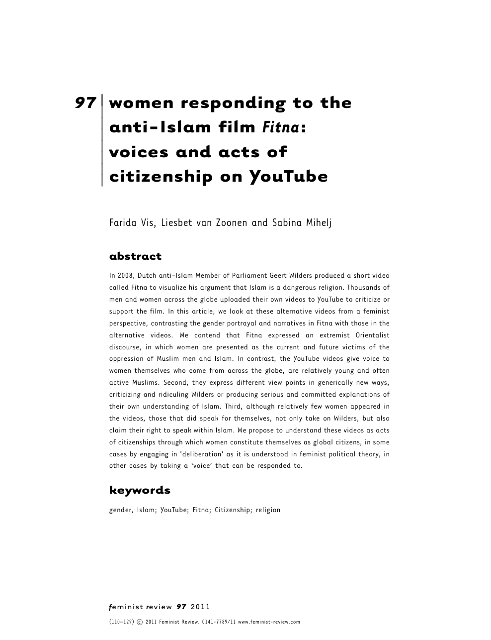 women responding to the anti-Islam film Fitna voices and acts of citizenship on YouTube