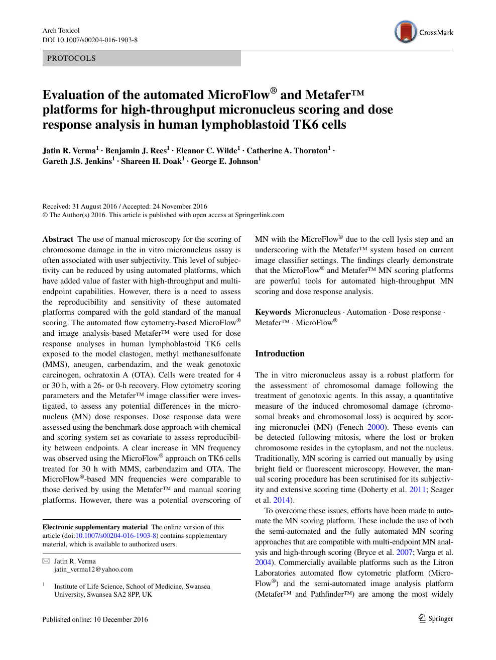Evaluation Of The Automated Microflow And Metafer Platforms For High Throughput Micronucleus Scoring And Dose Response Analysis In Human Lymphoblastoid Tk6 Cells Topic Of Research Paper In Biological Sciences Download Scholarly Article