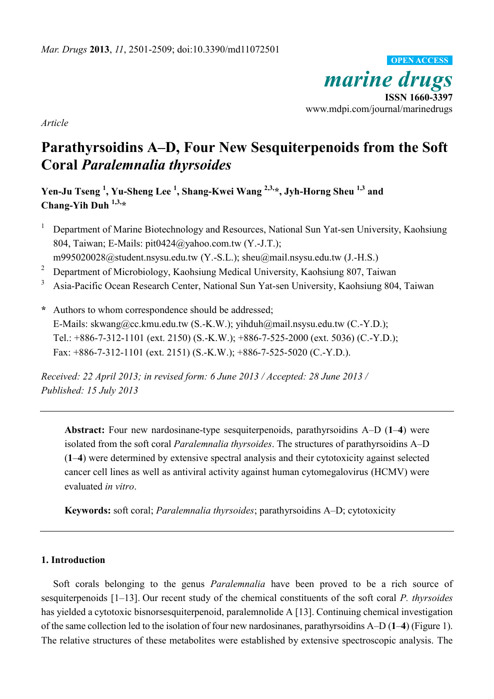 Parathyrsoidins A D Four New Sesquiterpenoids From The Soft Coral Paralemnalia Thyrsoides Topic Of Research Paper In Chemical Sciences Download Scholarly Article Pdf And Read For Free On Cyberleninka Open Science Hub