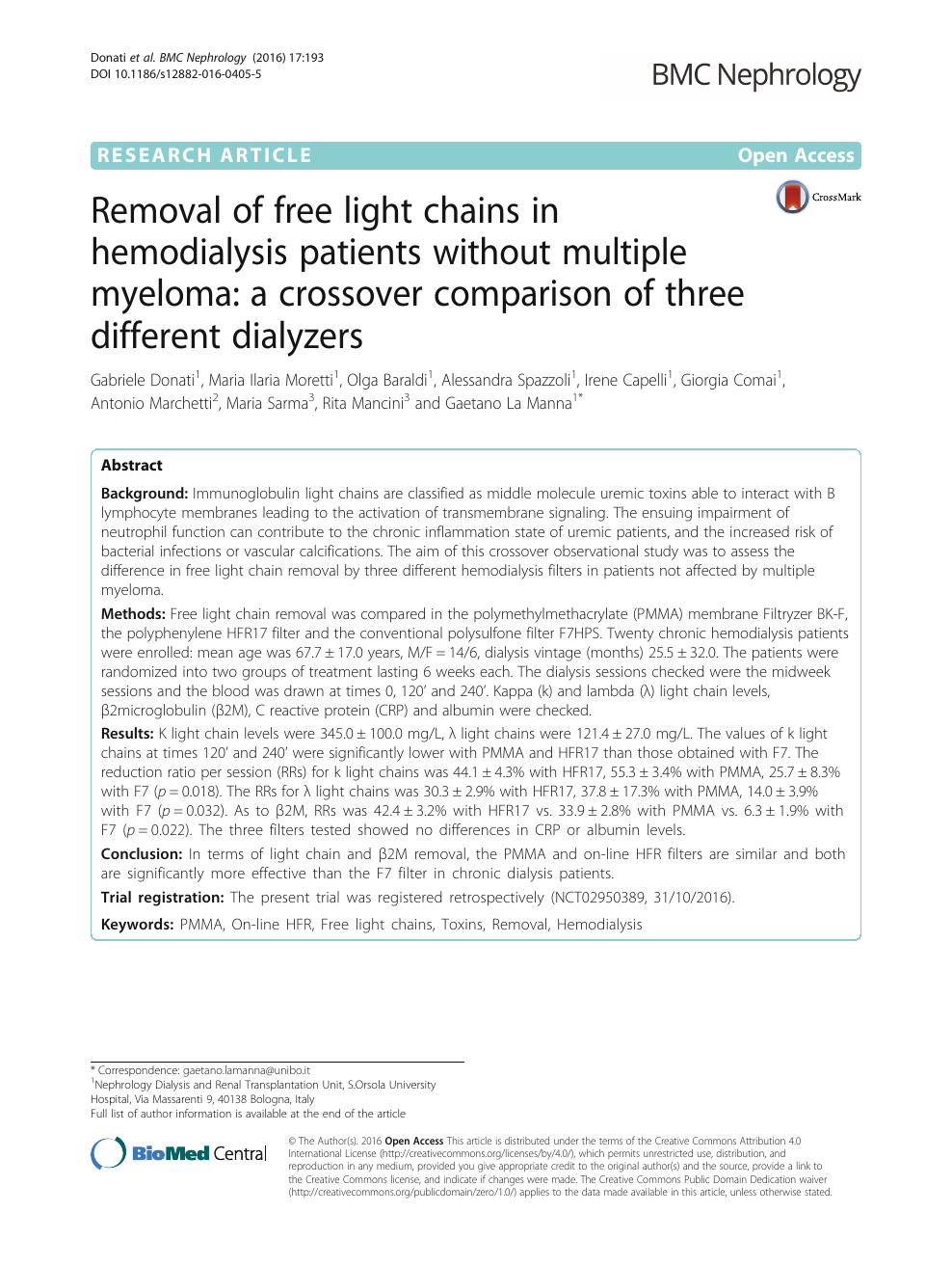 Removal of free light chains in hemodialysis without multiple myeloma: a crossover comparison of three different dialyzers – topic of research paper in Biological sciences. Download scholarly article PDF and read